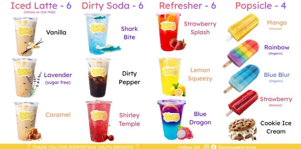 Sips & Sweets food truck menu: iced lattes, dirty sodas, refreshers $6; popsicles and treats $4