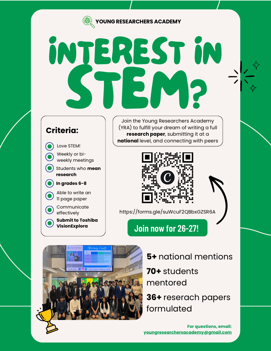 Young Researchers Academy outreach flyer for 2026-27. Grades 6 to 8. Interest in STEM research. Join now form and contact email.