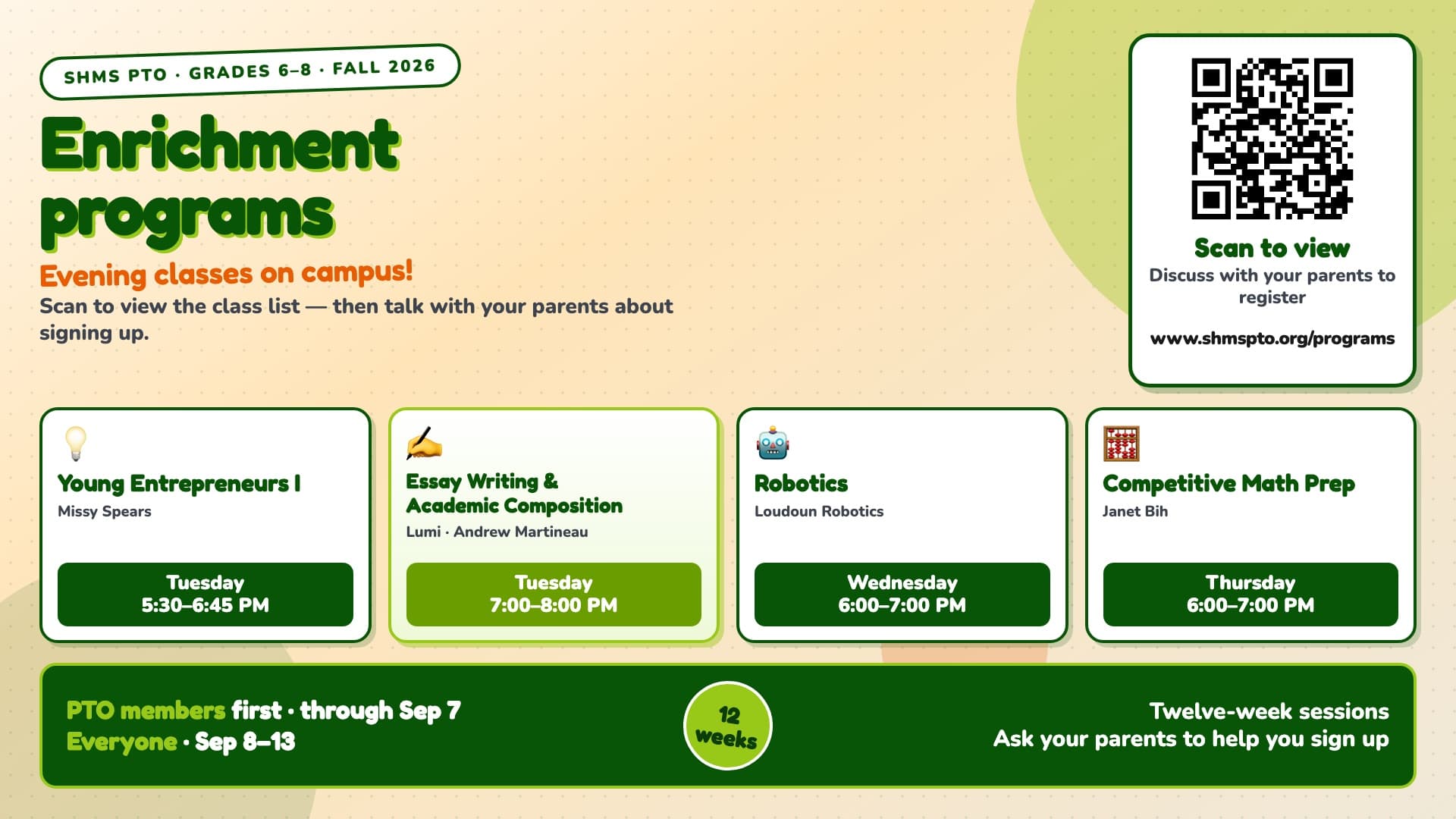 Stone Hill Fall 2026 and Spring 2027 enrichment programs flyer