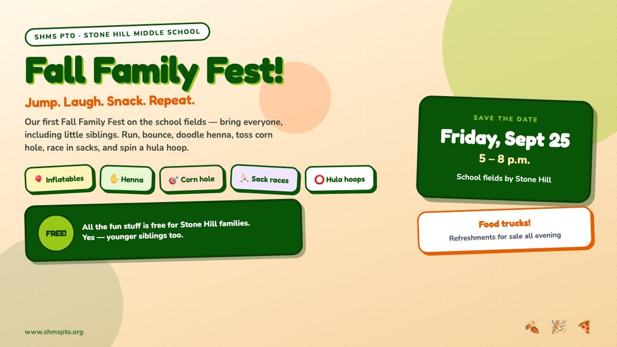 Fall Family Fest flyer. Friday September 25, 5 to 8 p.m. School fields. Free activities for families.