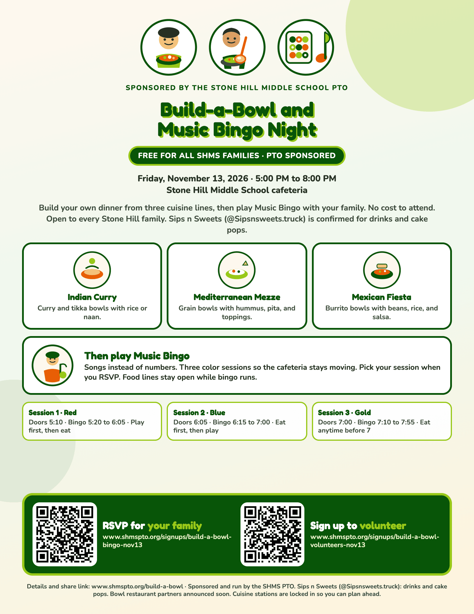 Build-a-Bowl and Music Bingo Night flyer. PTO sponsored. Free for all SHMS families. Friday, November 13, 2026, 5 to 8 PM. QR codes for family RSVP and volunteer signup.