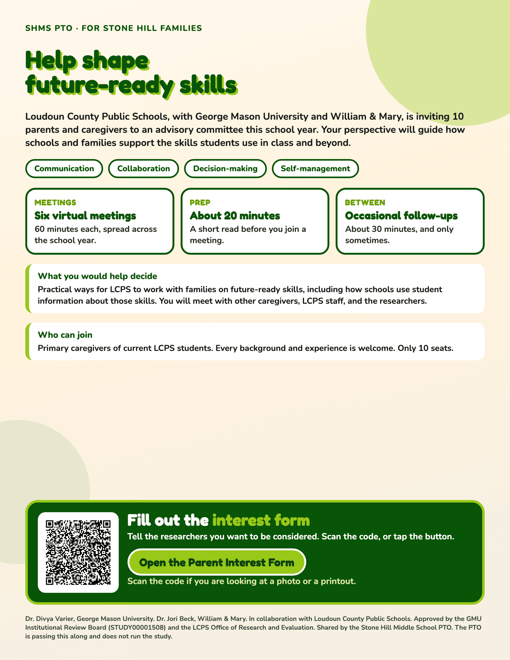 Help shape future-ready skills. SHMS PTO flyer inviting parents to the LCPS advisory committee. Fill out the interest form.